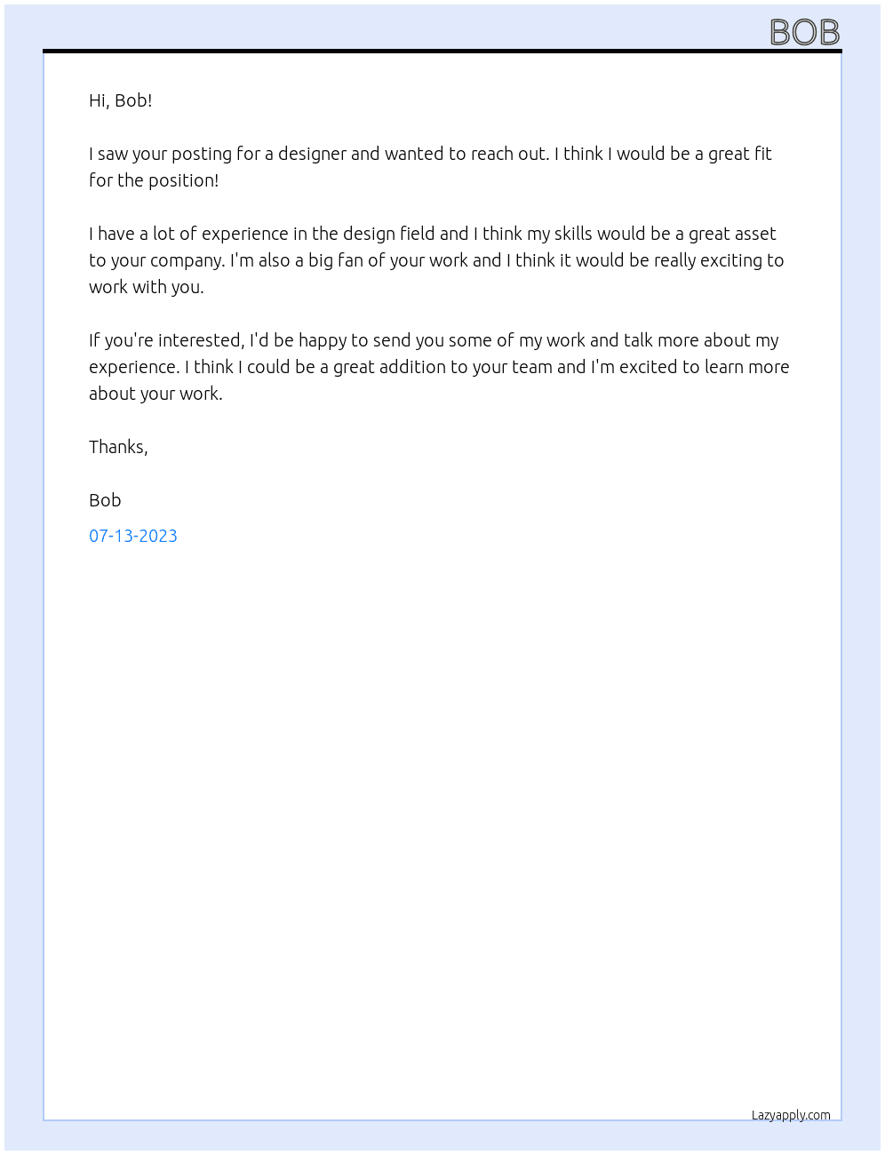 Designer At bob Cover Letter