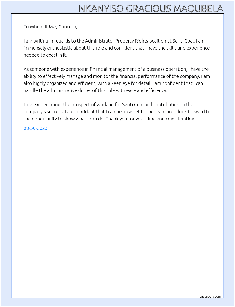 Administrator Property Rights At Seriti Coal Cover Letter