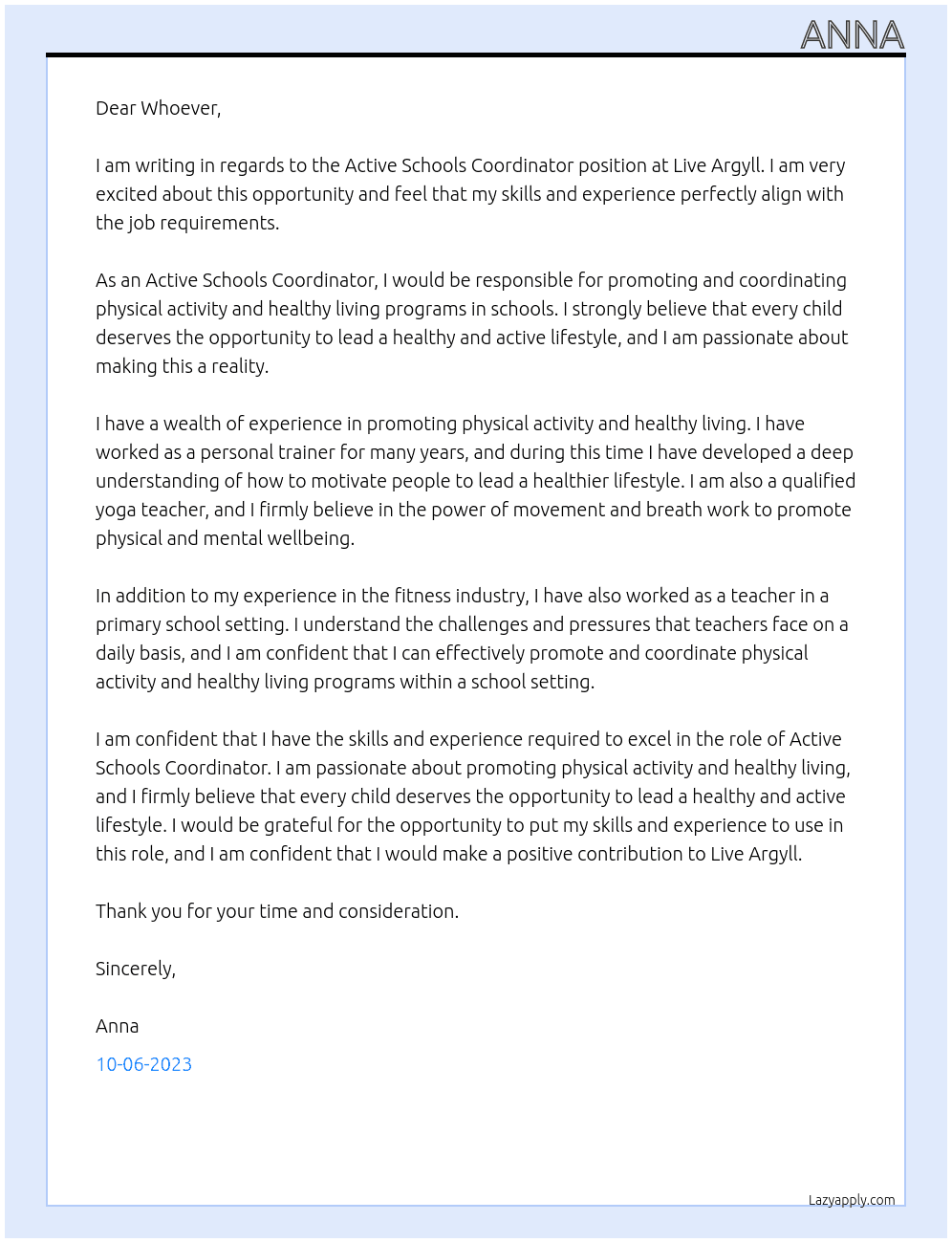 Active Schools Coordinator At Live Argyll Cover Letter