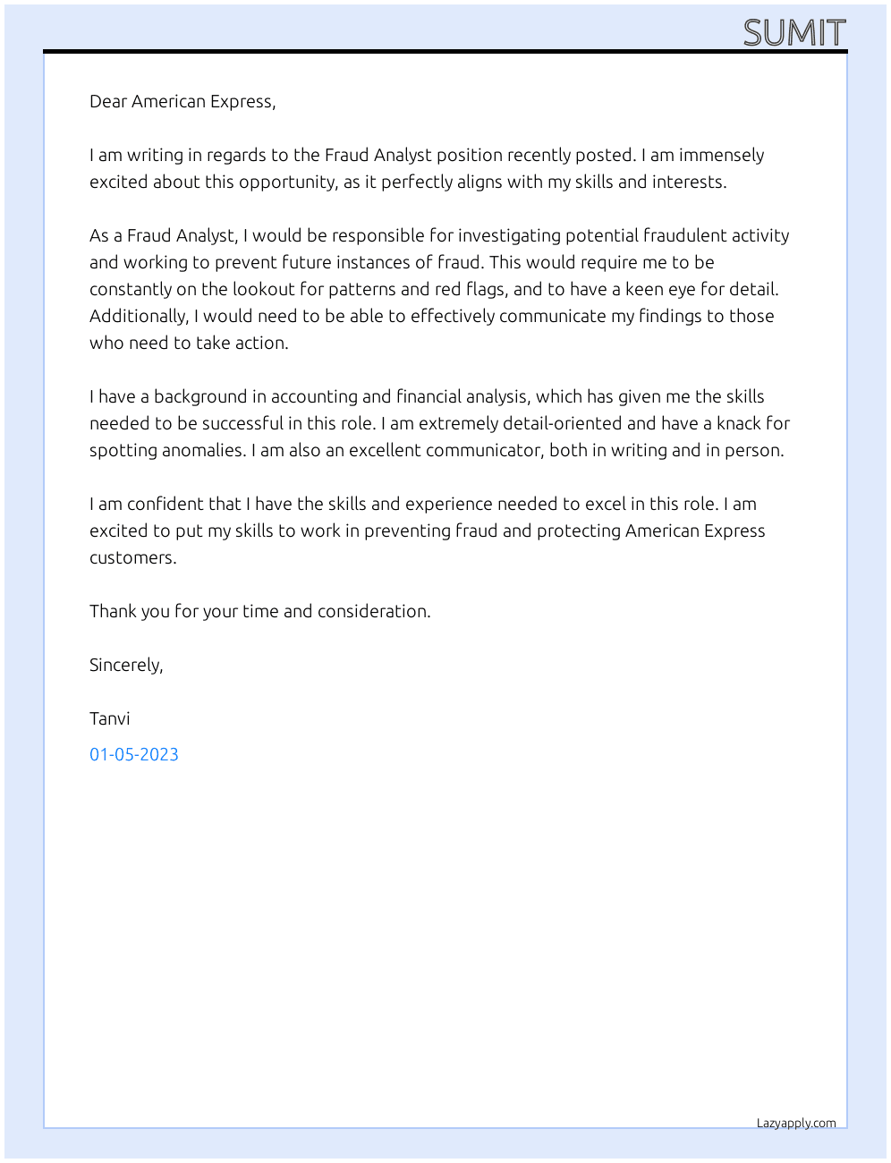 Fraud Analyst  At American Express  Cover Letter