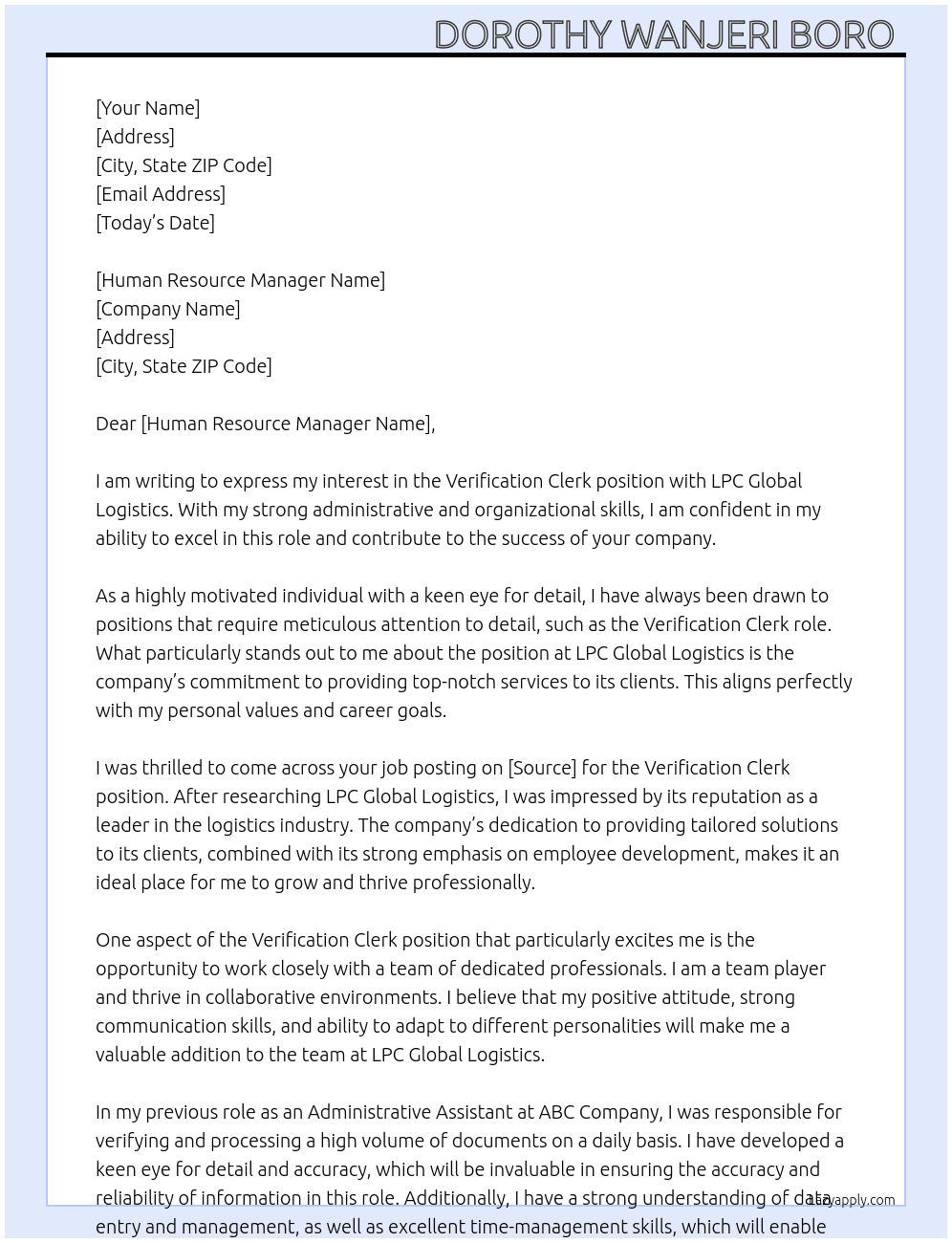 Verification Clerk At LPC Global Logistics  Cover Letter