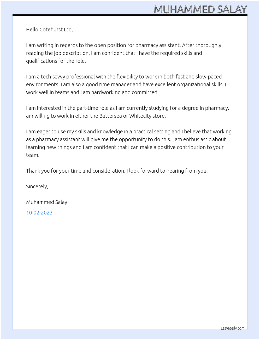 Pharmacy Assistant At Cotehurst Ltd Cover Letter
