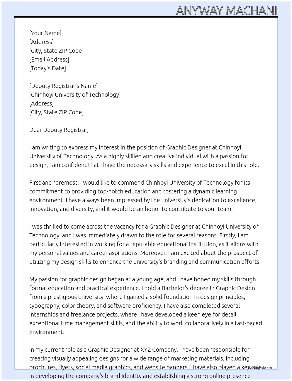 Graphic Designer At Chinhoyi University of Technology Cover Letter