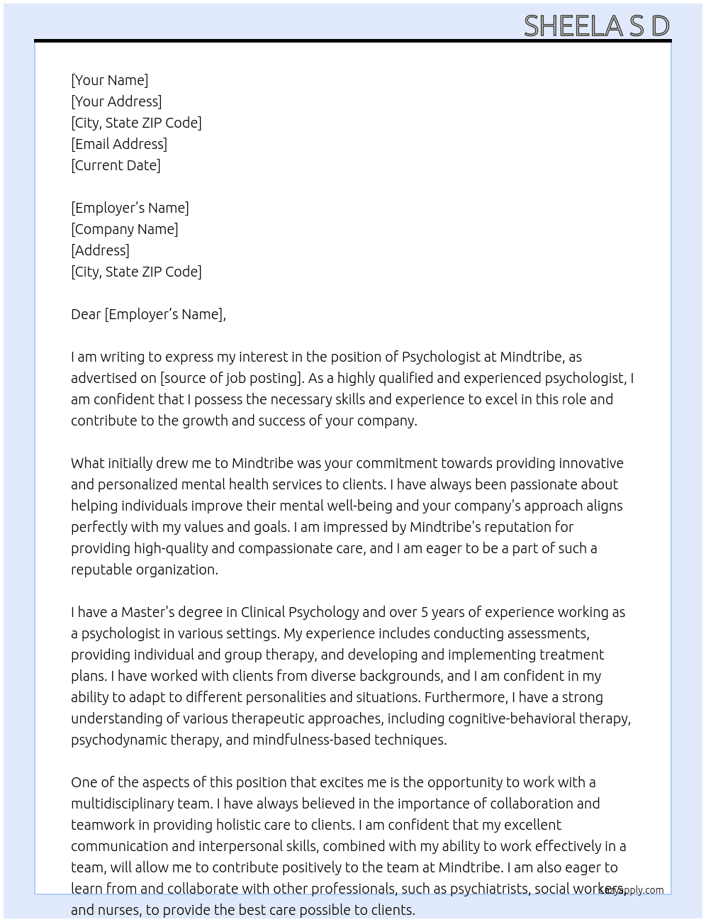 Psychologist  At Mindtribe  Cover Letter