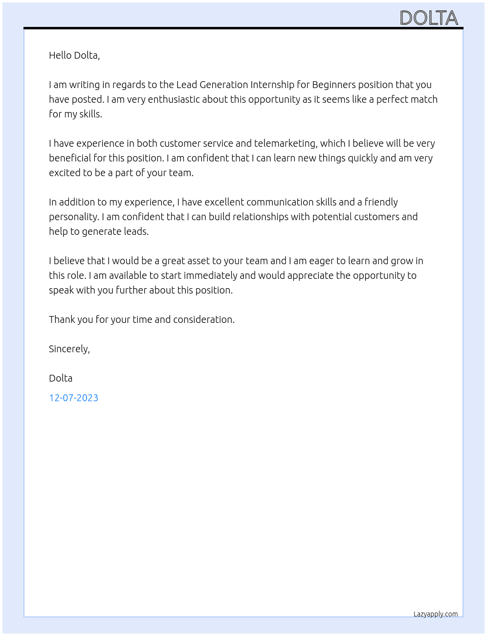 Lead Generation Internship for Beginners At Dolta  Cover Letter