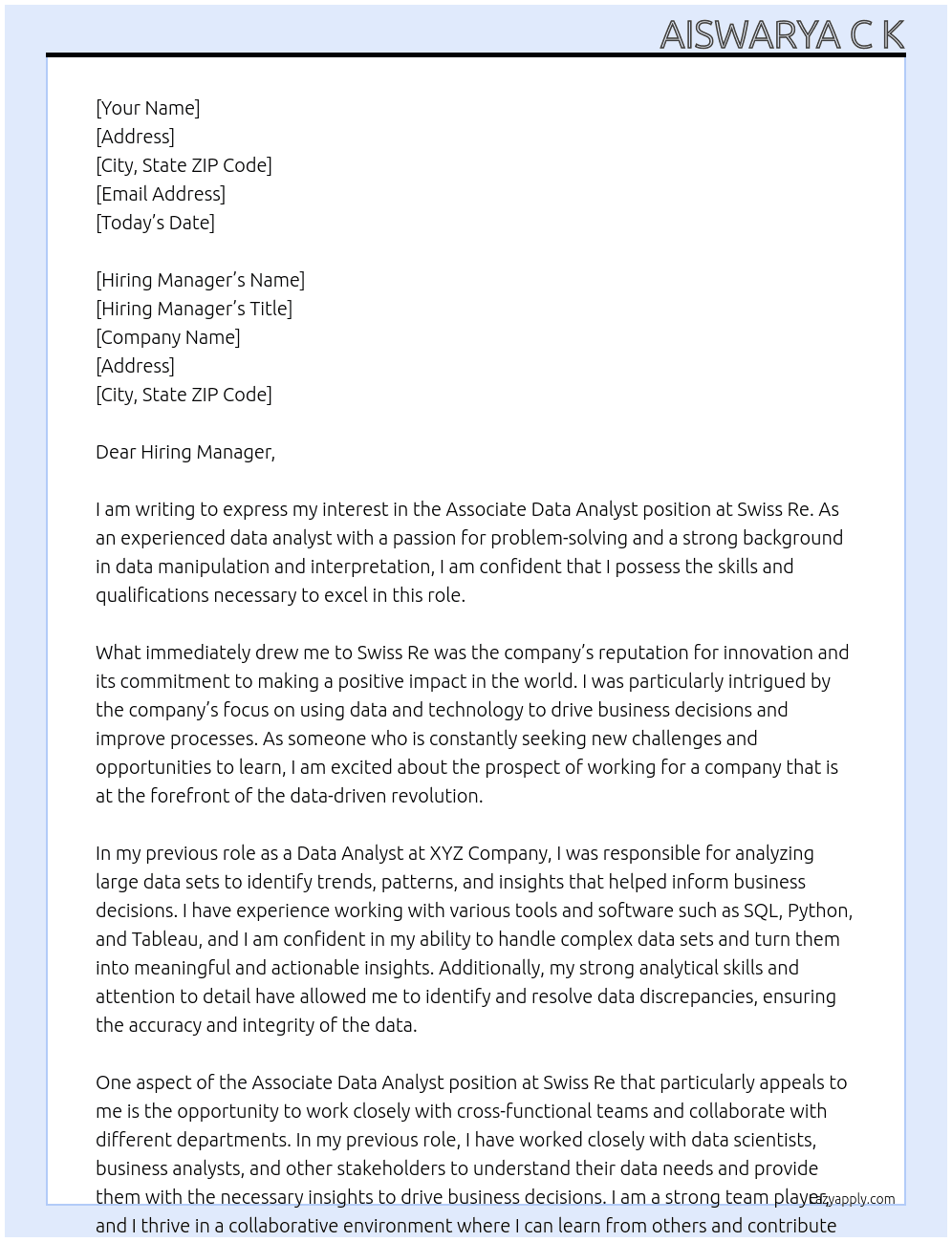 Associate Data Analyst At Swiss Re Cover Letter