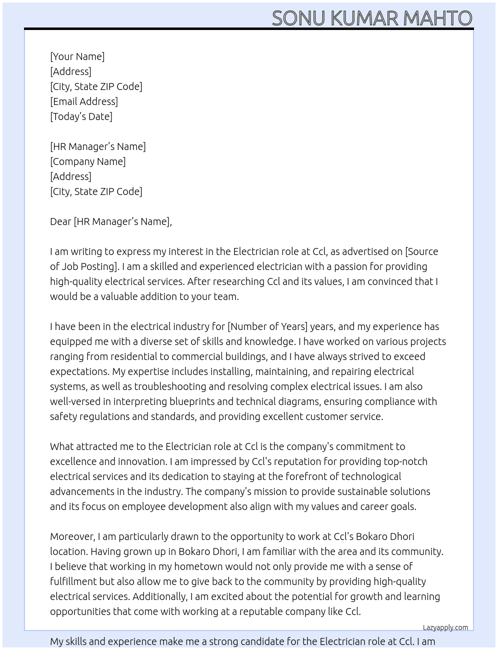 Electrician  At Ccl Cover Letter