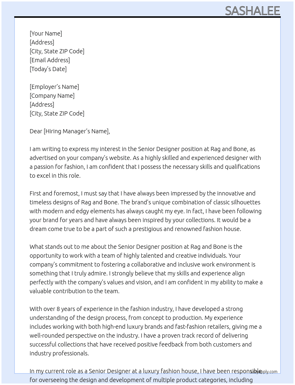 senior designer  At rag and bone Cover Letter