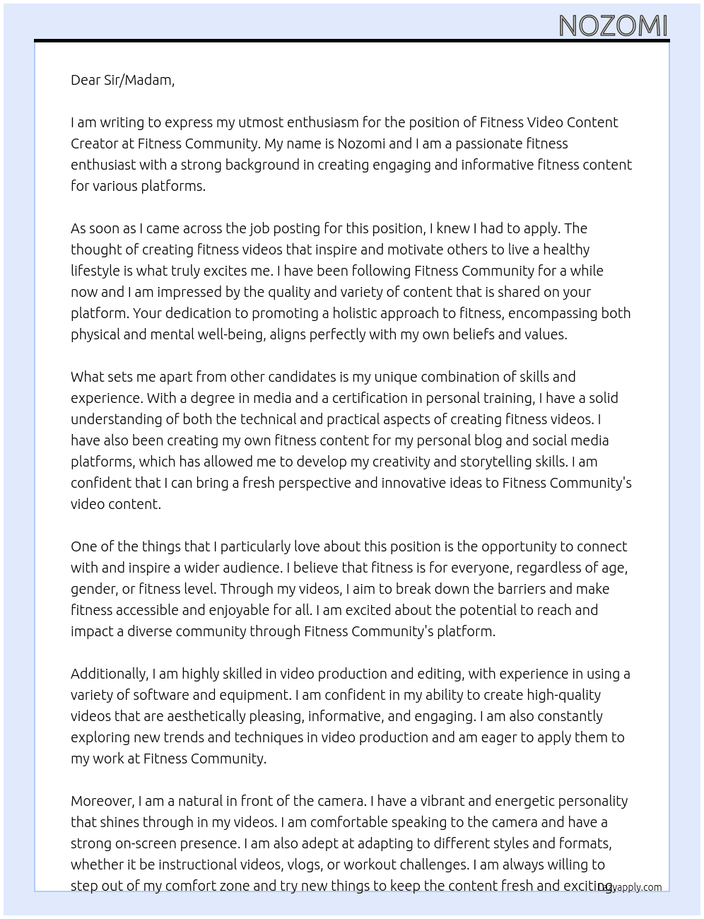 fitness video content At fitness community Cover Letter