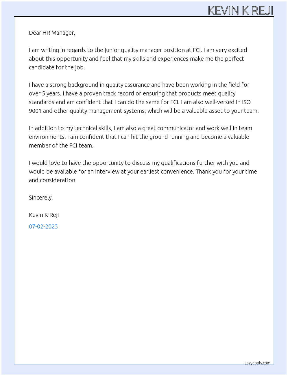 junior quality manager  At FCI Cover Letter