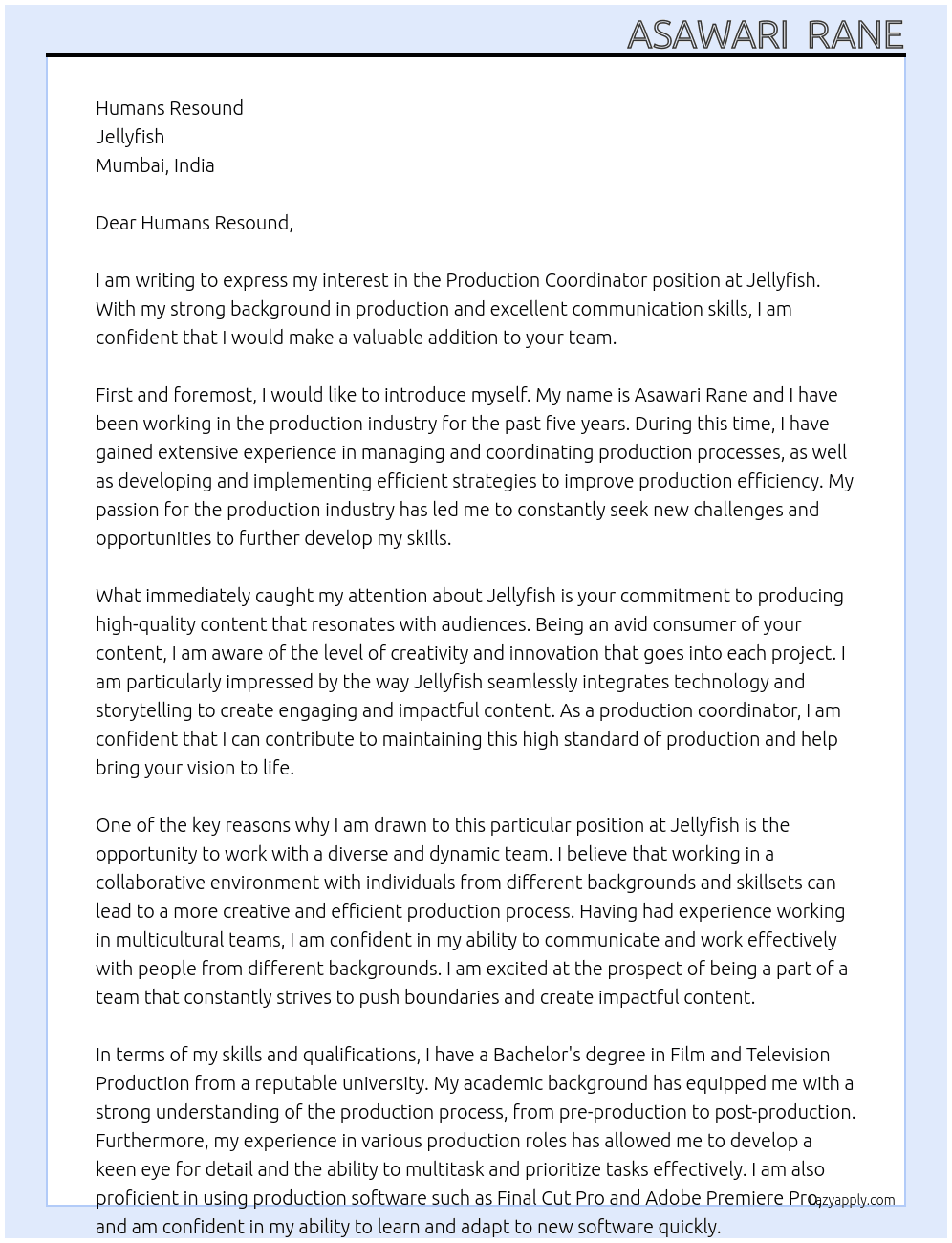 Production coordinator  At Jellyfish  Cover Letter