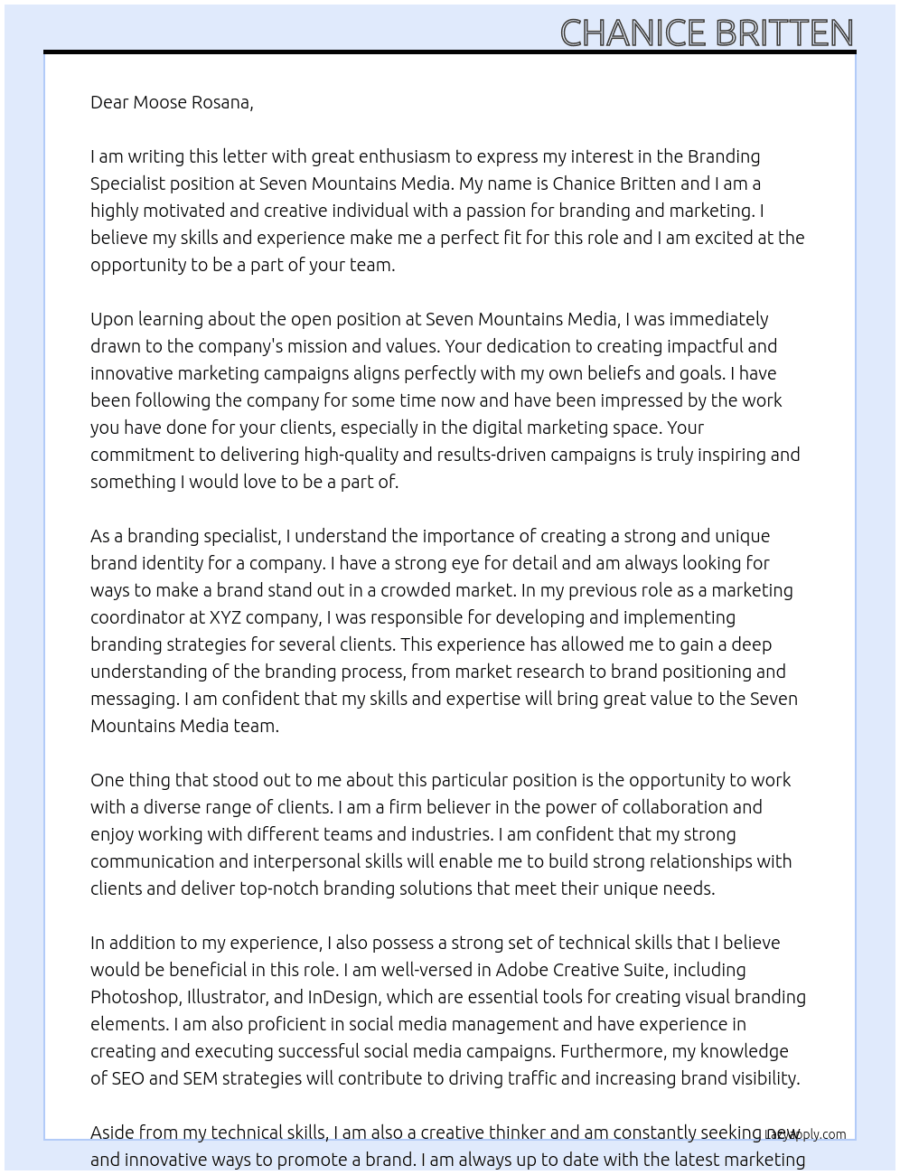 Branding Specialist At Seven Mountains Media Cover Letter