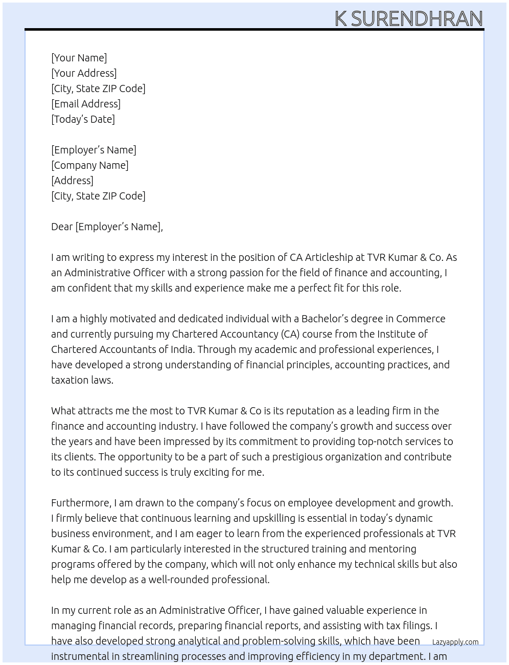 CA ARTICLESHIP At TVR KUMAR & CO Cover Letter