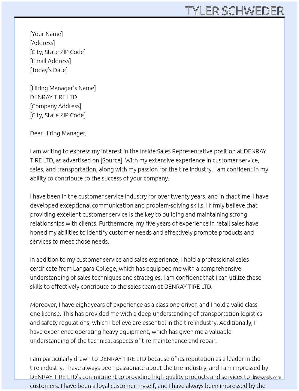 Inside Sales Representative At DENRAY TIRE LTD Cover Letter
