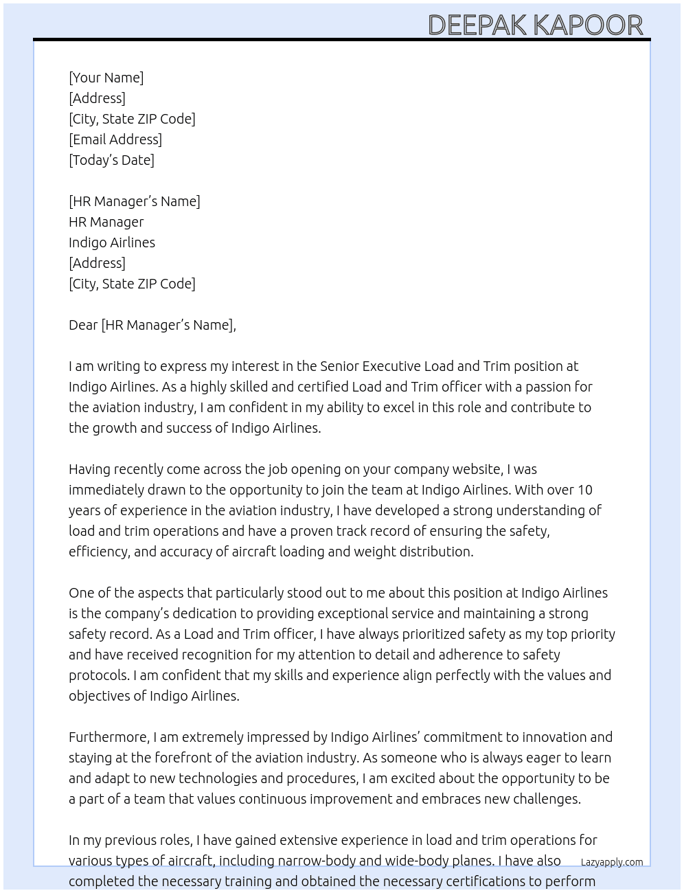 Cover letter for senior executive load and trim - LazyApply