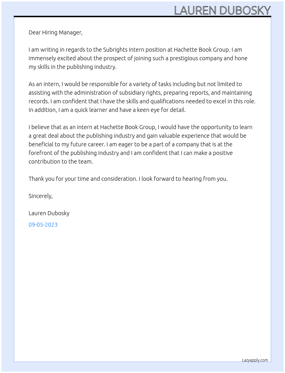 Subrights Intern At Hachette Book Group Cover Letter