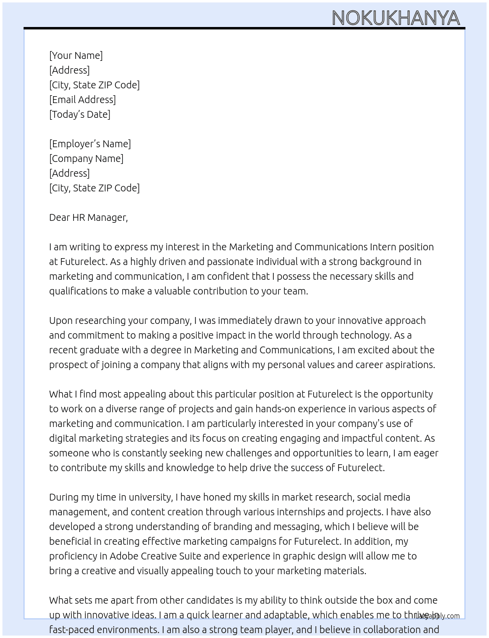 Marketing and Communications Intern At Futurelect Cover Letter