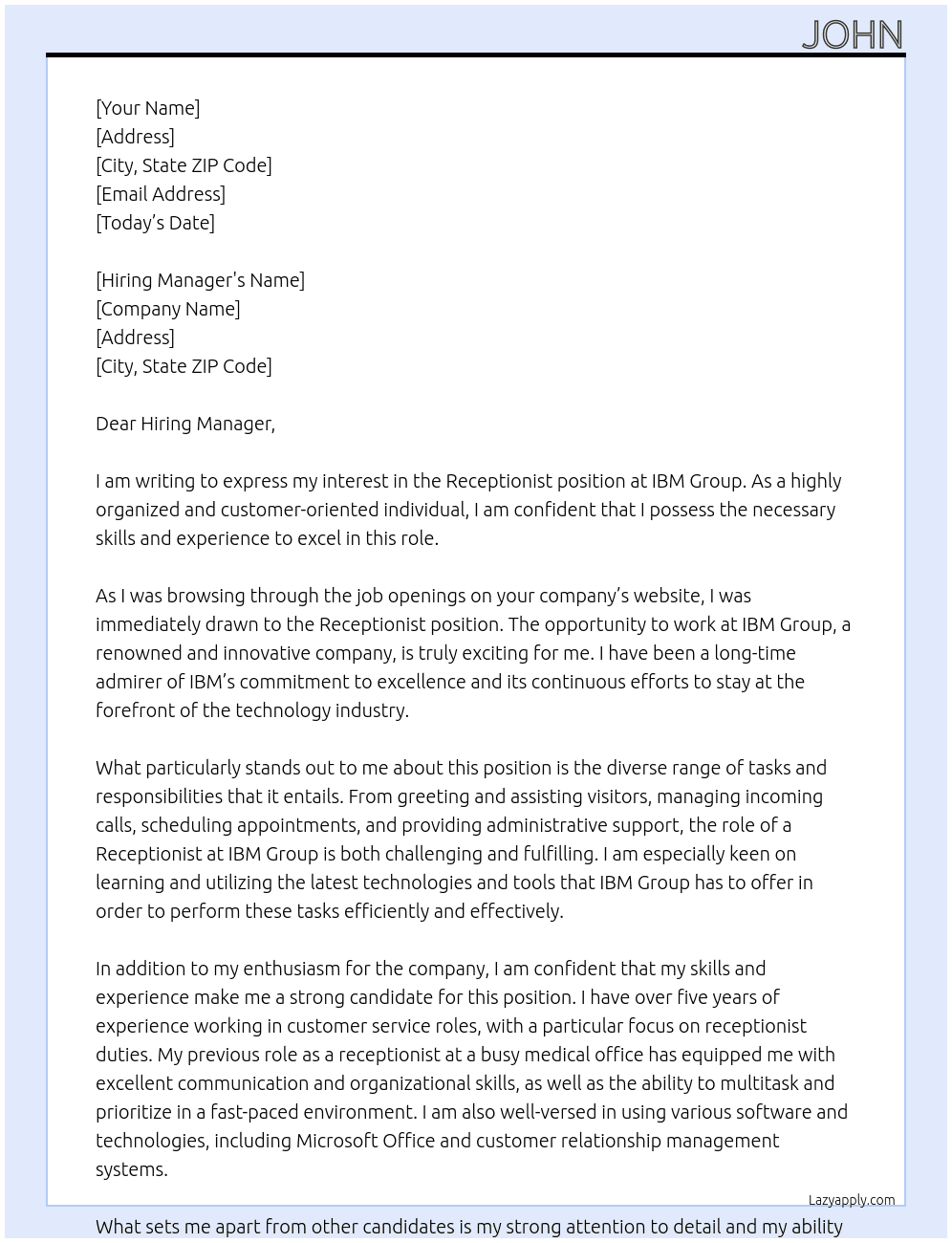 Receptionist At IBM GROUP Cover Letter