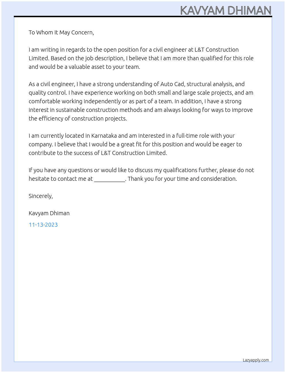 Civil Engineer At L&T Construction Limited Cover Letter