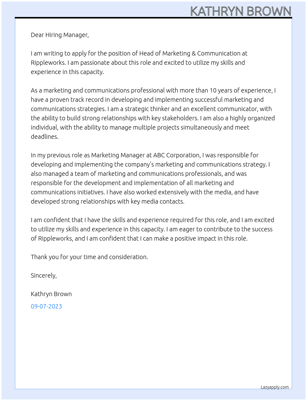 Head of Marketing & Communication At Rippleworks Cover Letter