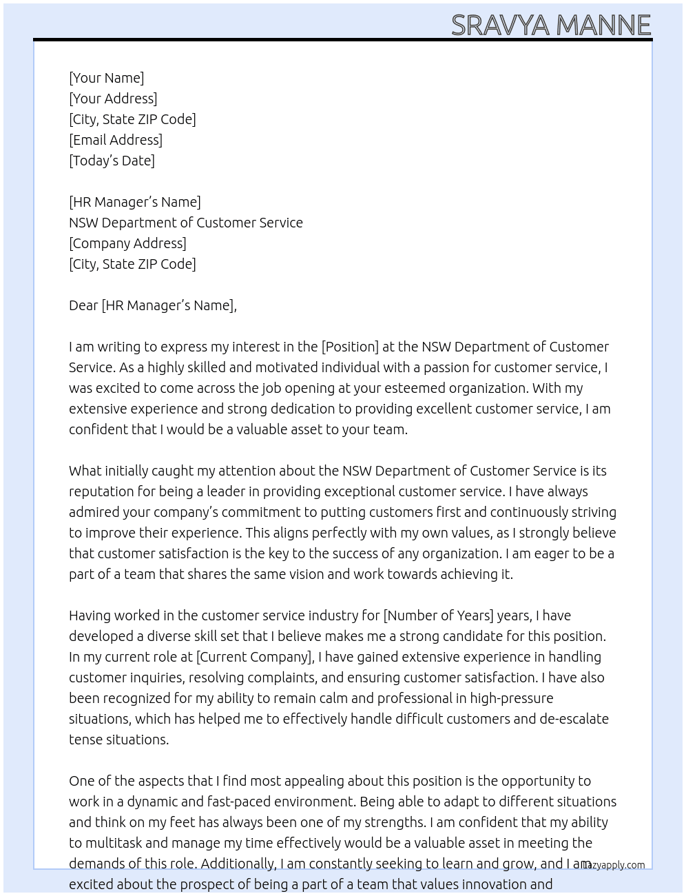 NSW Department of Customer Service At NSW Department of Customer Service Cover Letter