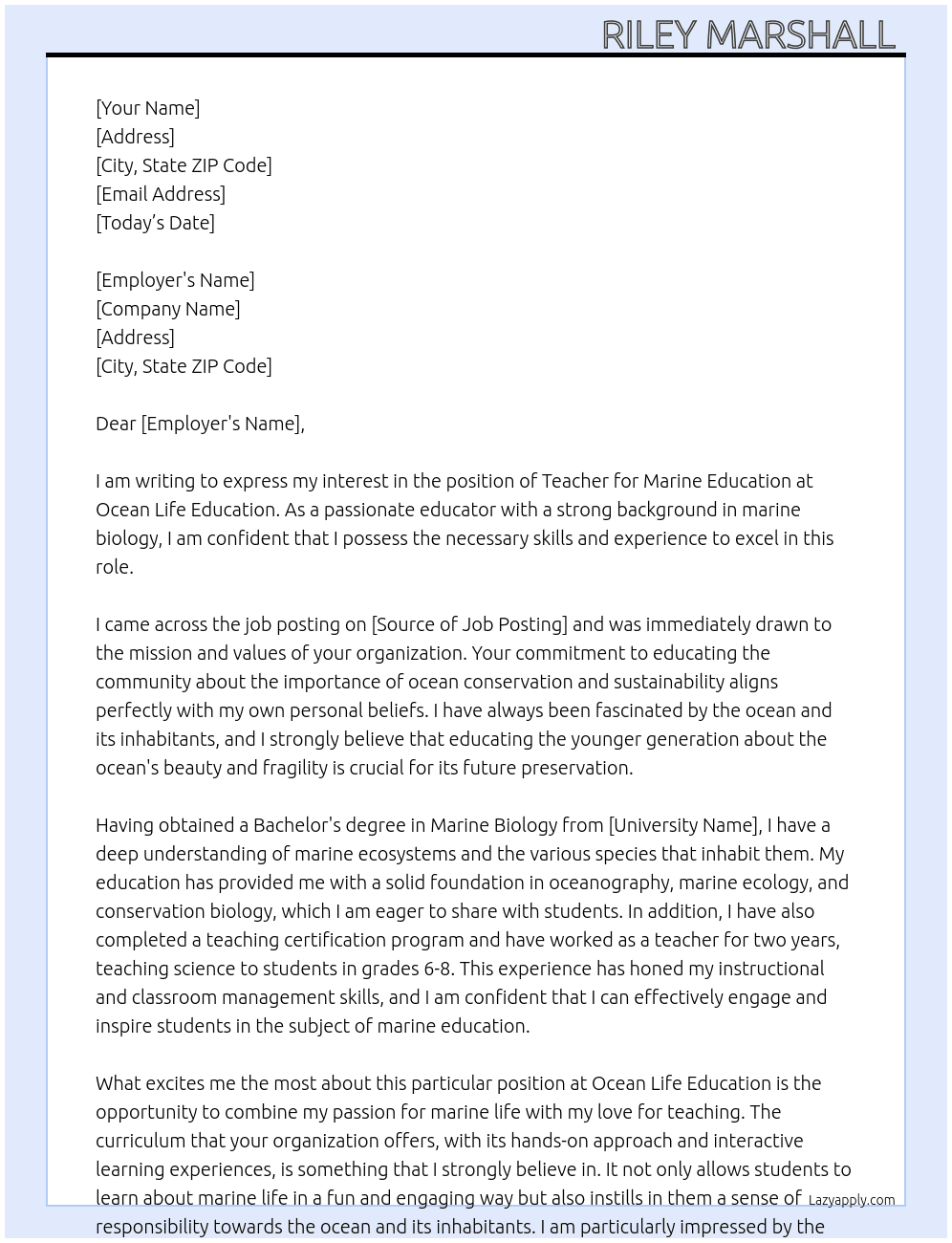 teacher marine education  At ocean life education  Cover Letter