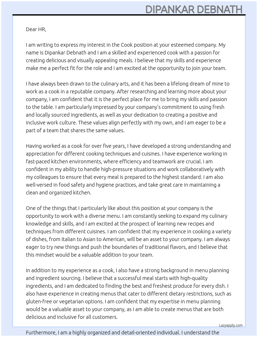Cook At Any  Cover Letter