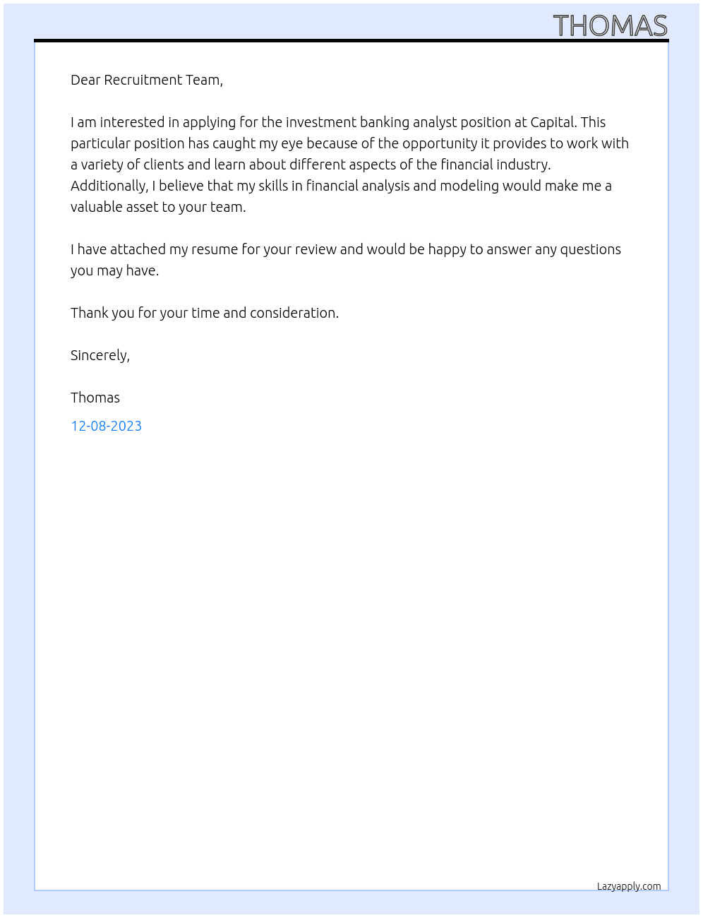 Investment Banking Analyst  At Capital Cover Letter