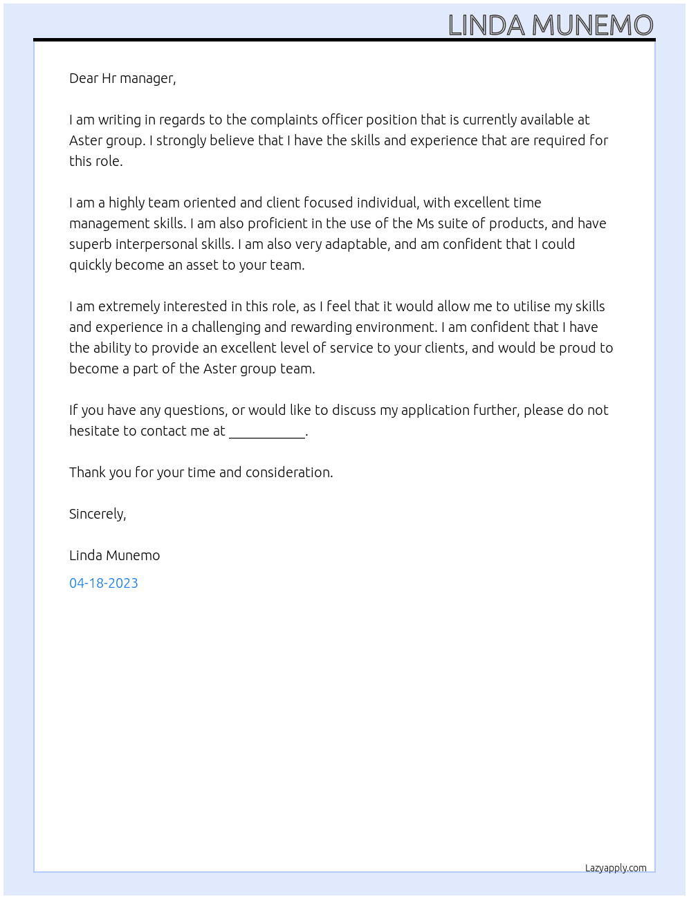 Compaints officer At Aster group Cover Letter