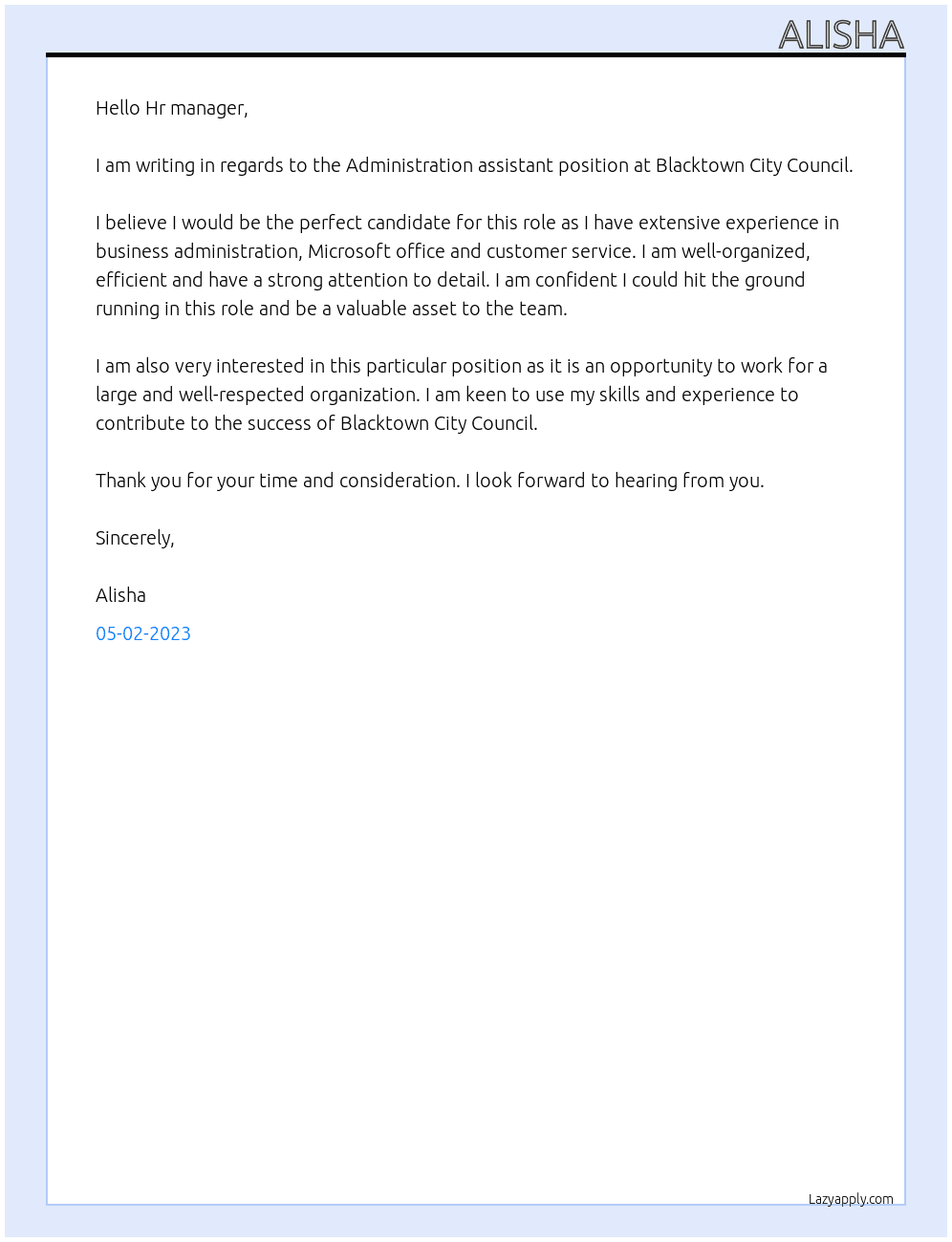 Administration assistant At Blacktown City Council Cover Letter