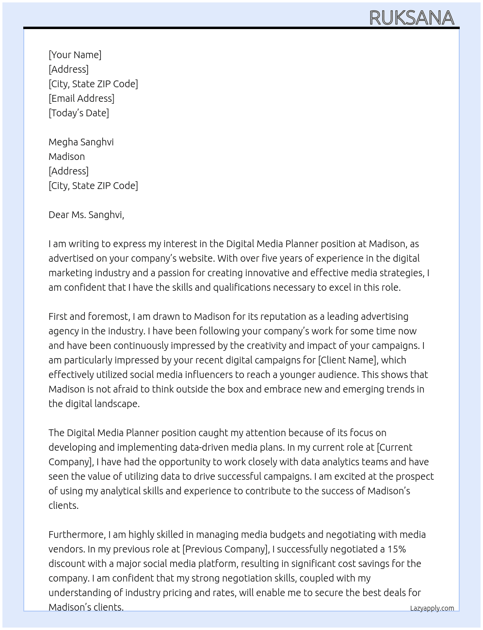Digital Media Planner At Madison Cover Letter