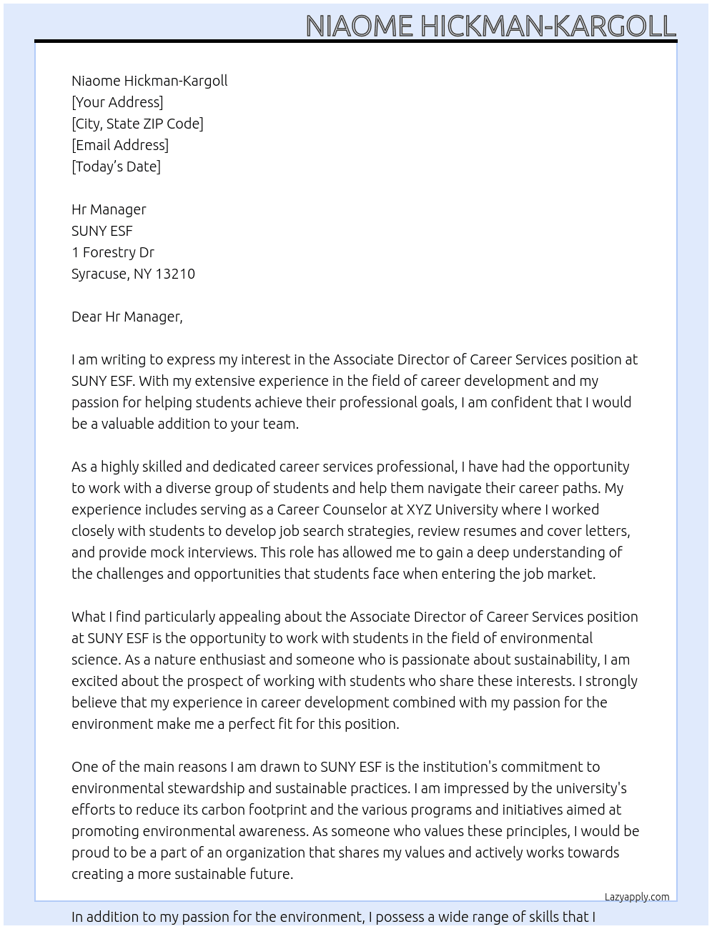 Associate Director of Career Services At SUNY ESF Cover Letter