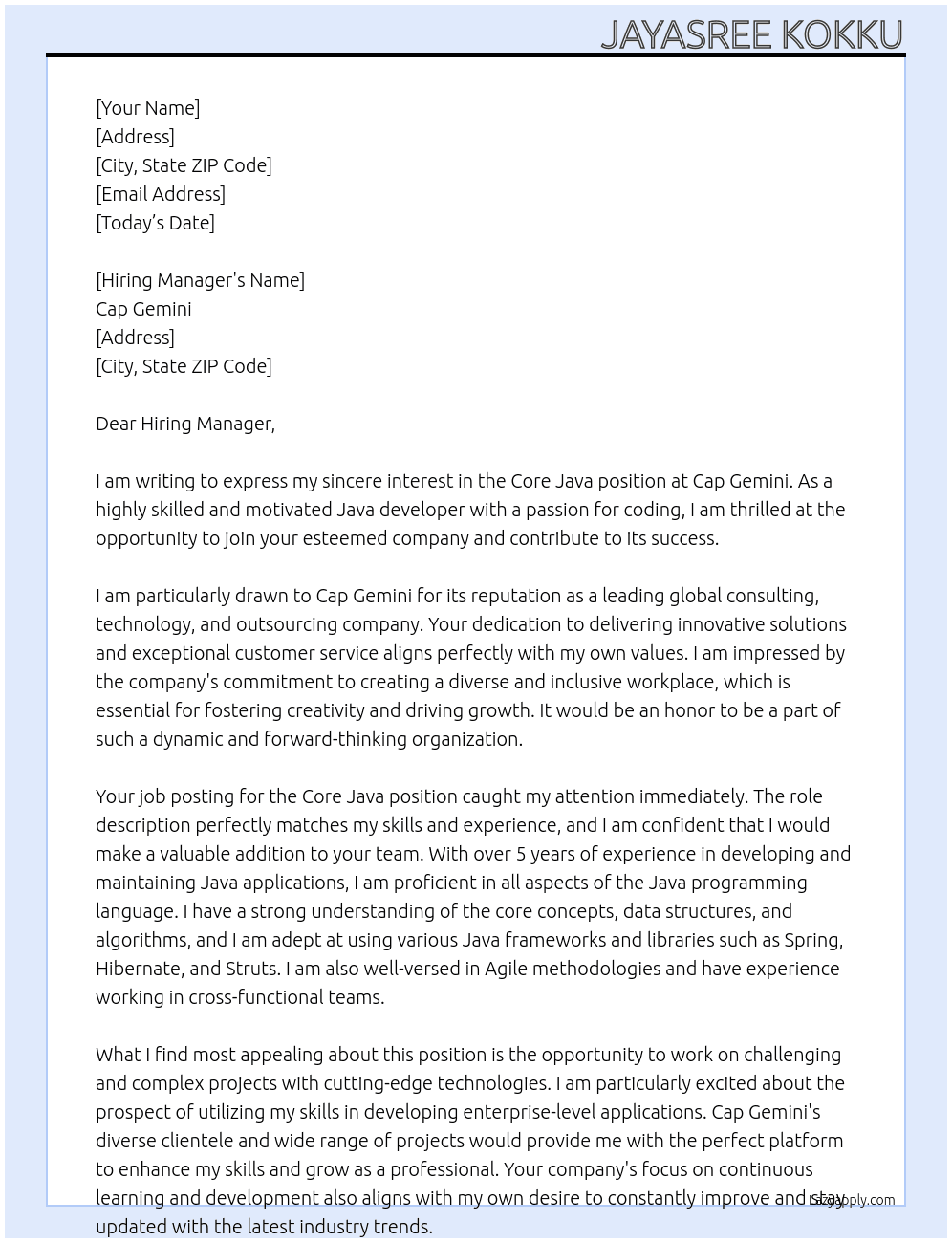 Core Java  At Cap Gemini  Cover Letter