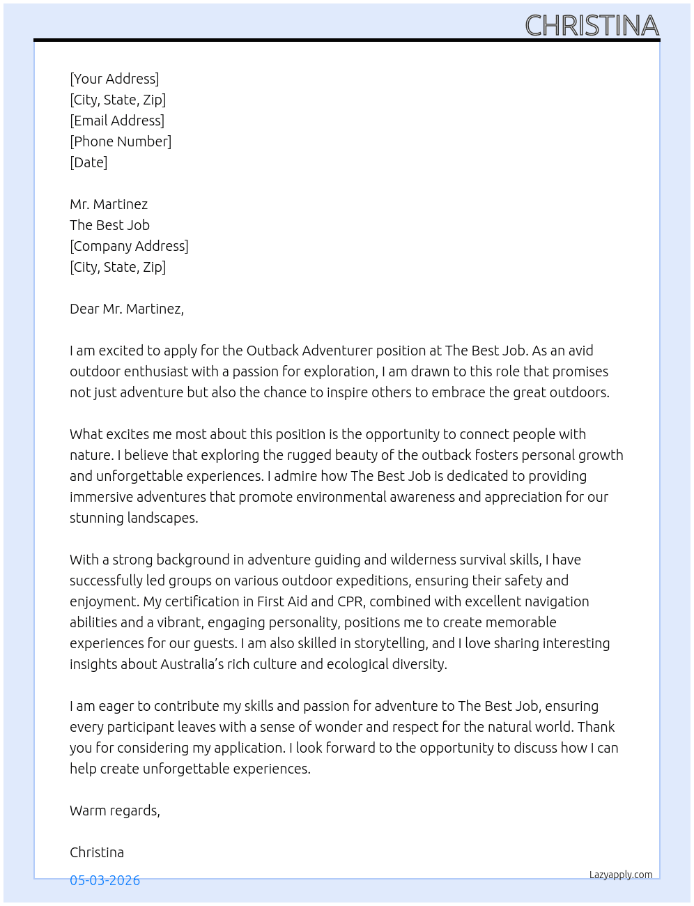Outback adventurer At The best job  Cover Letter