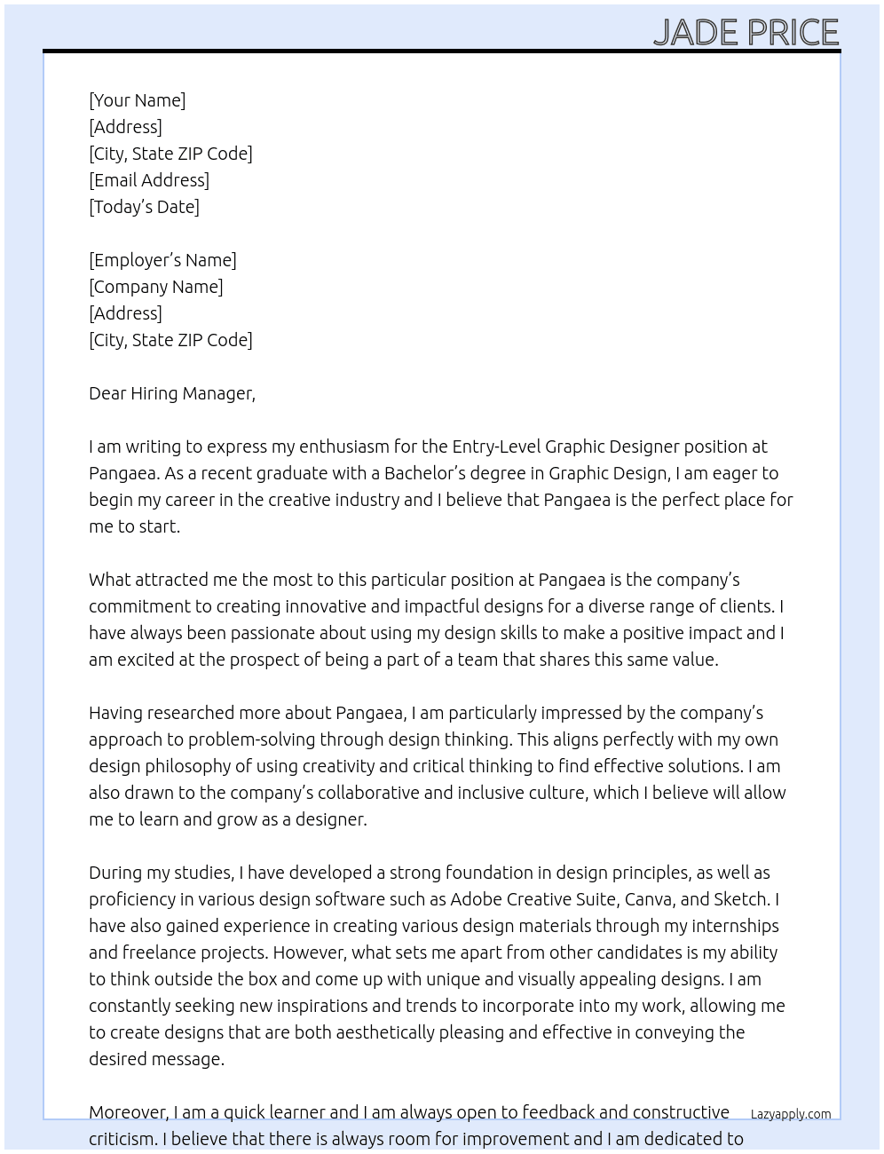 Entry-Level Graphic Designer At Pangaea Cover Letter