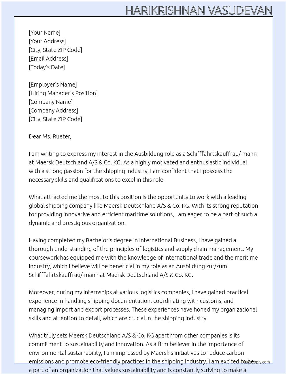 Ausbildung zur/zum Schifffahrtskauffrau/-mann At Maersk Deutschland A/S & Co. KG Cover Letter