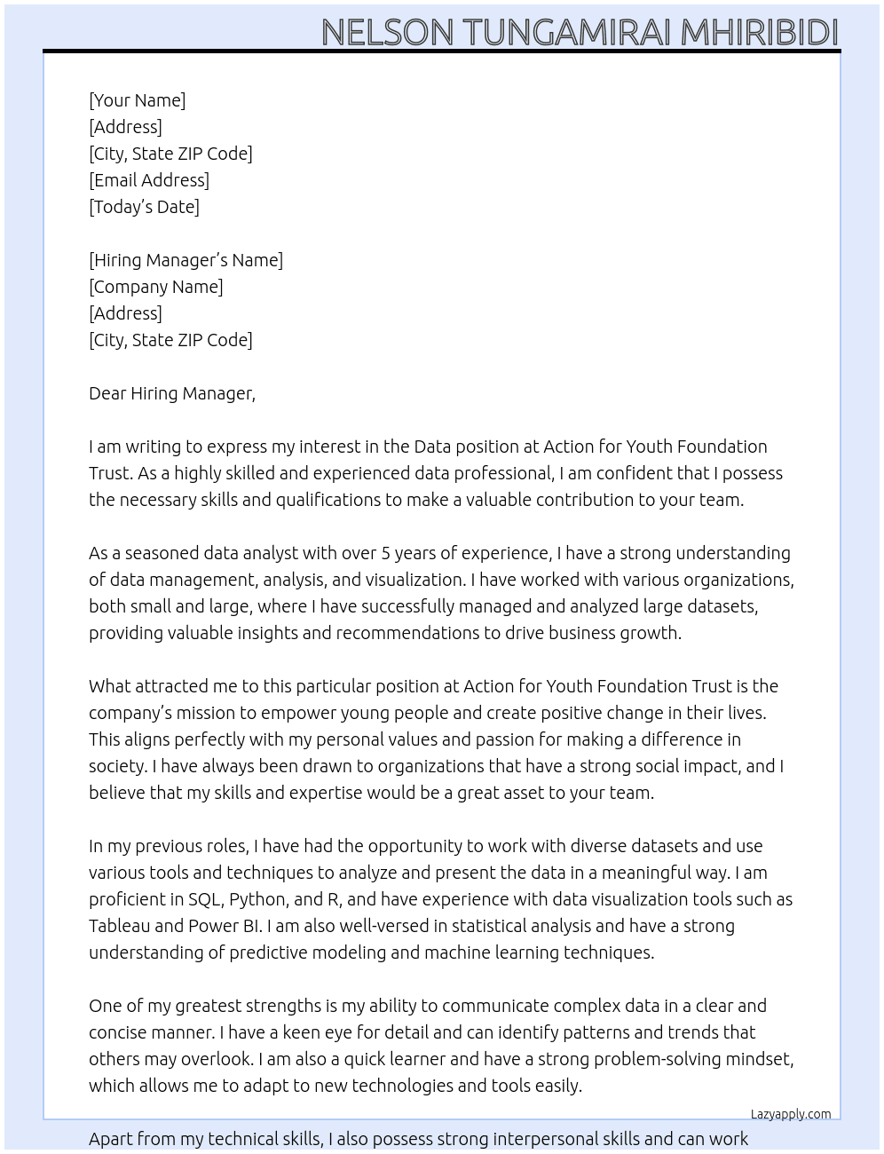 data  At Action for youth foundation trust Cover Letter