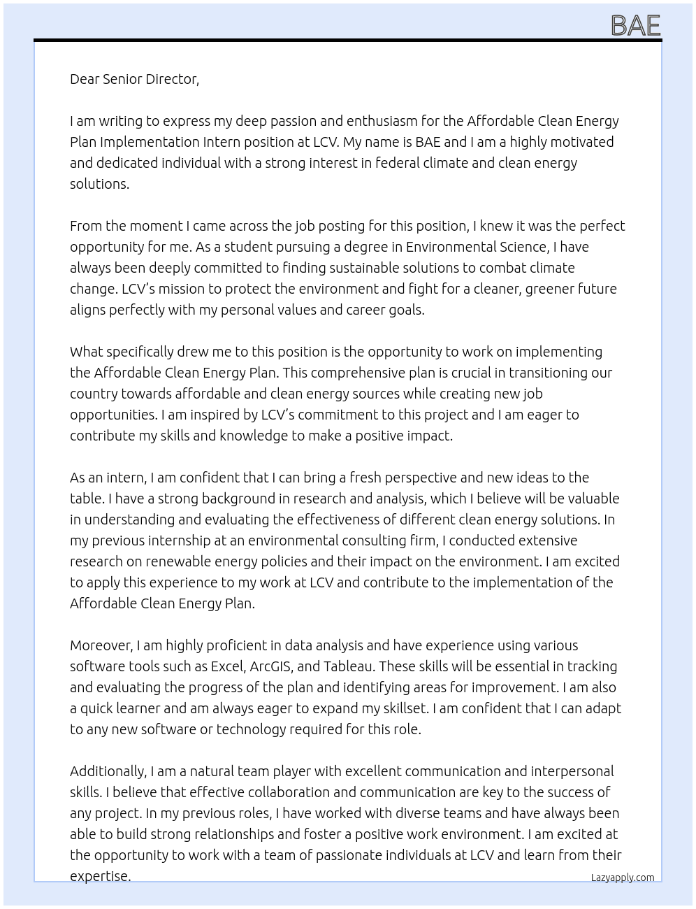 Affordable Clean Energy Plan Implementation Intern At LCV Cover Letter