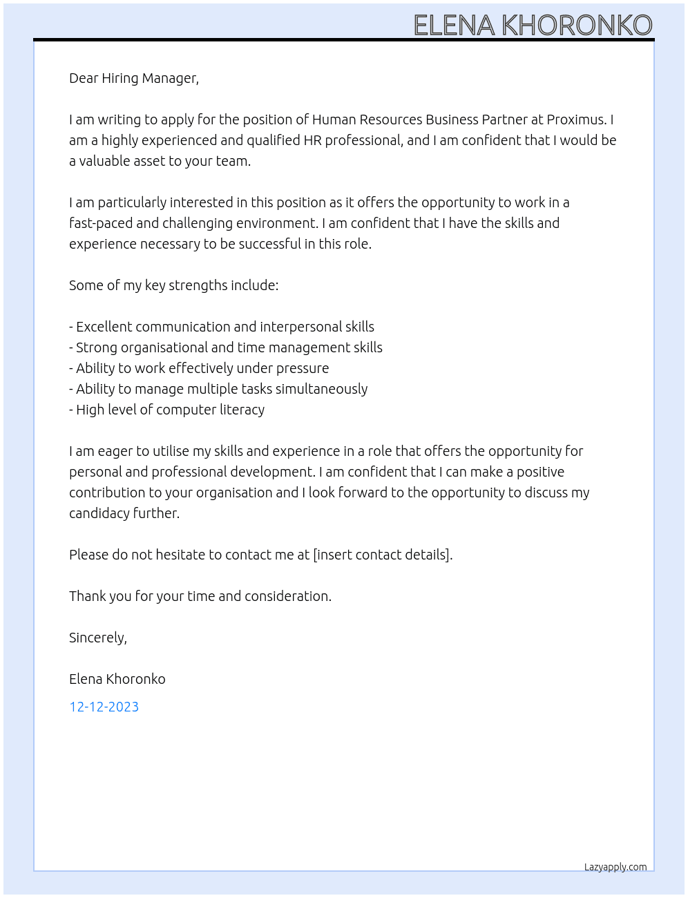 Human resources business partner At Proximus Cover Letter