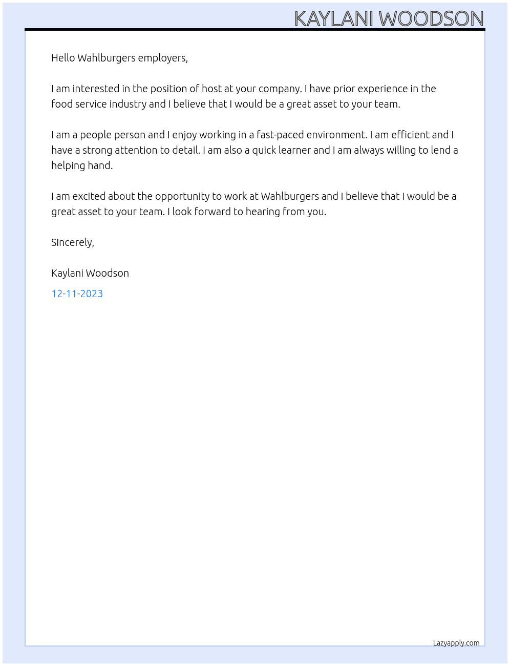 Host At Wahlburgers Cover Letter
