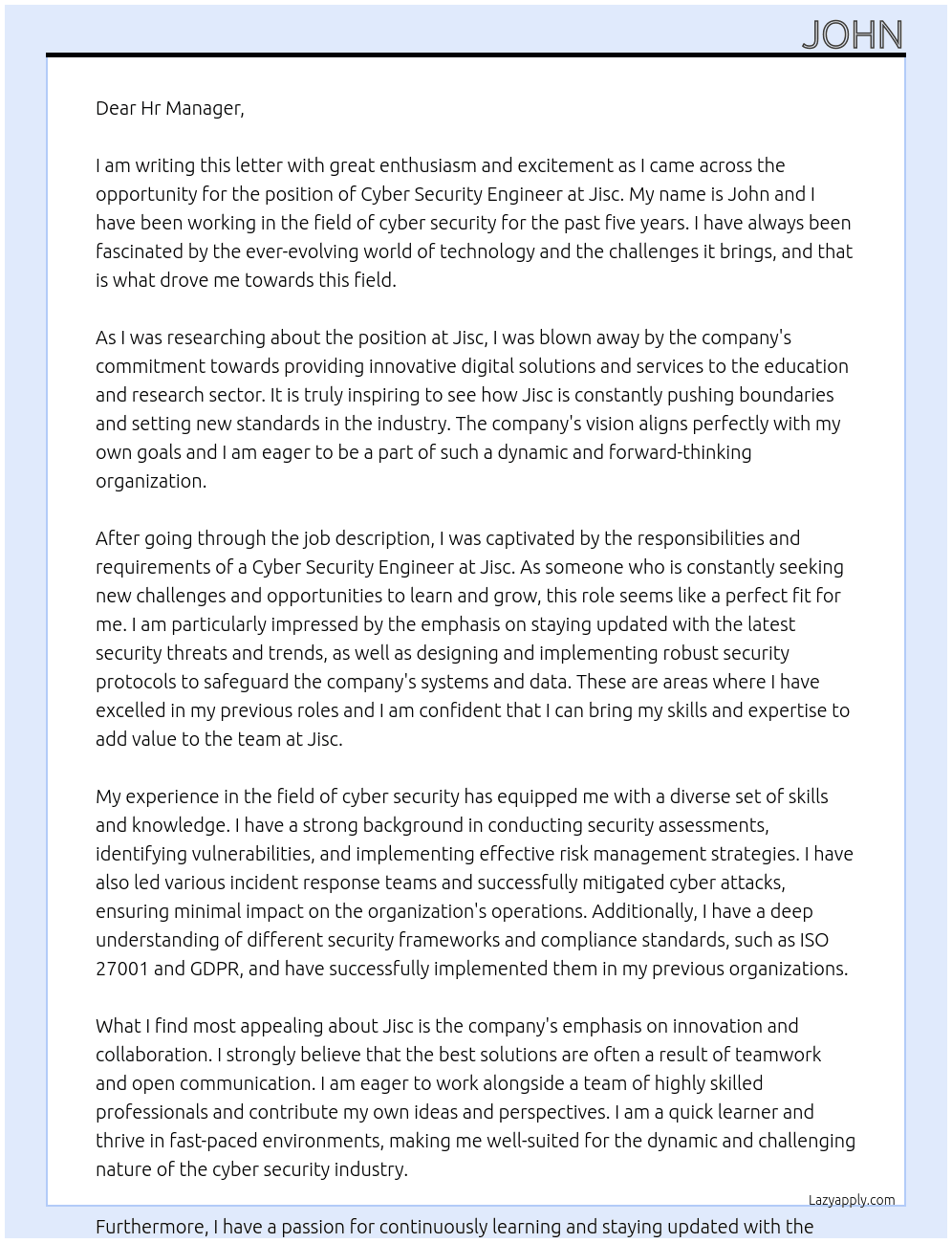 Cyber security engineer At Jisc Cover Letter