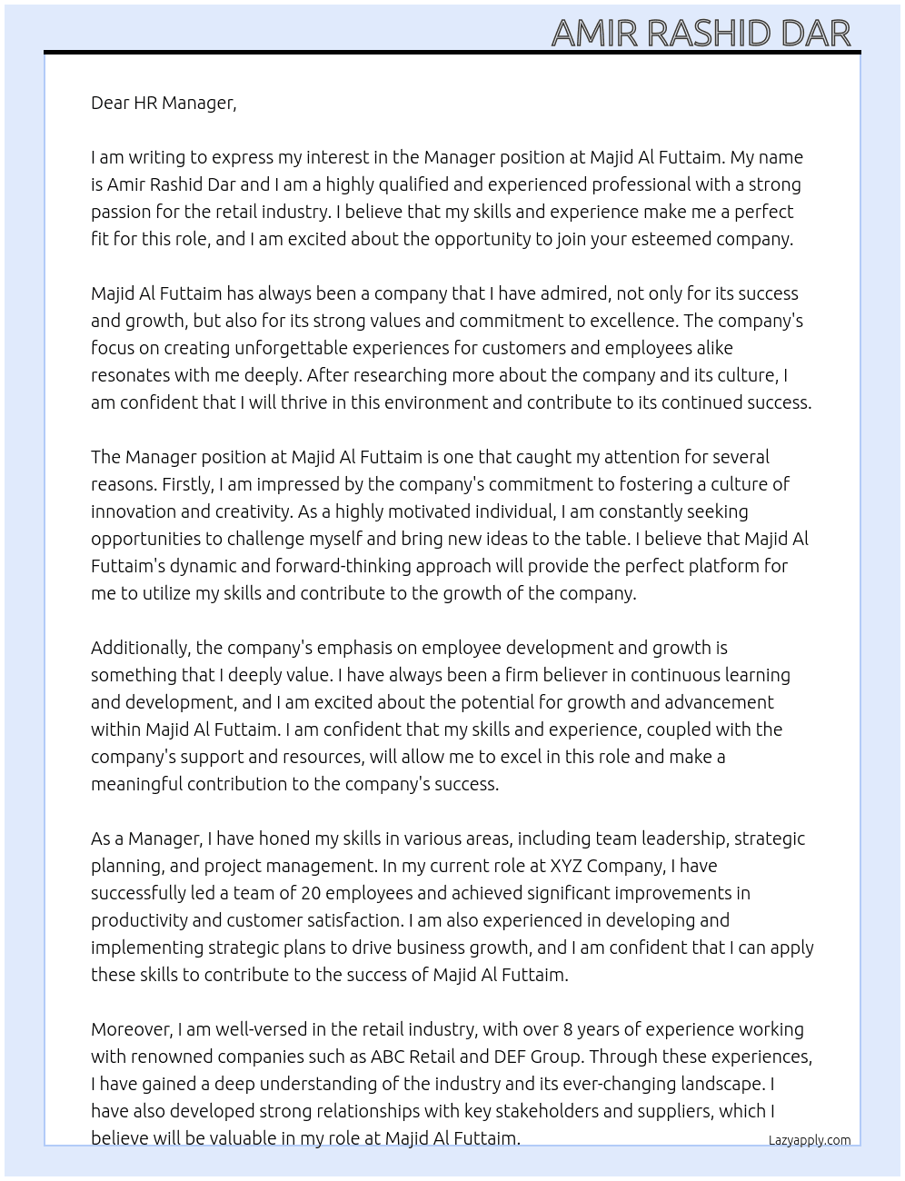 Manager  At Majid Al Futtaim Cover Letter