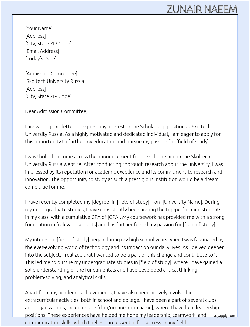 Scholarship in Skoltech university russia At skoltech Russia Cover Letter