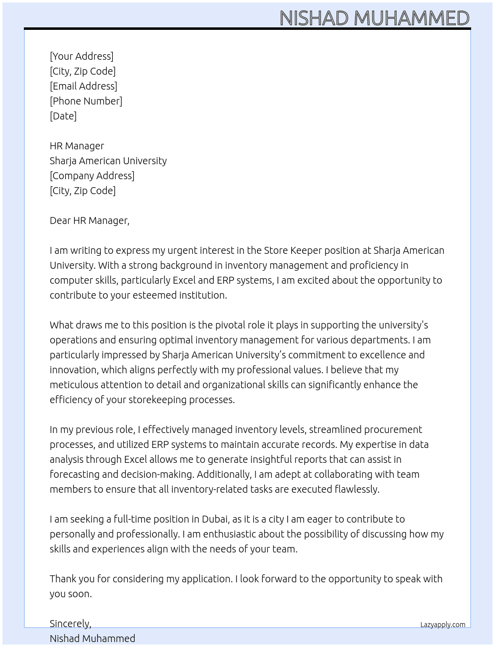 Store keeper At Sharja American university  Cover Letter