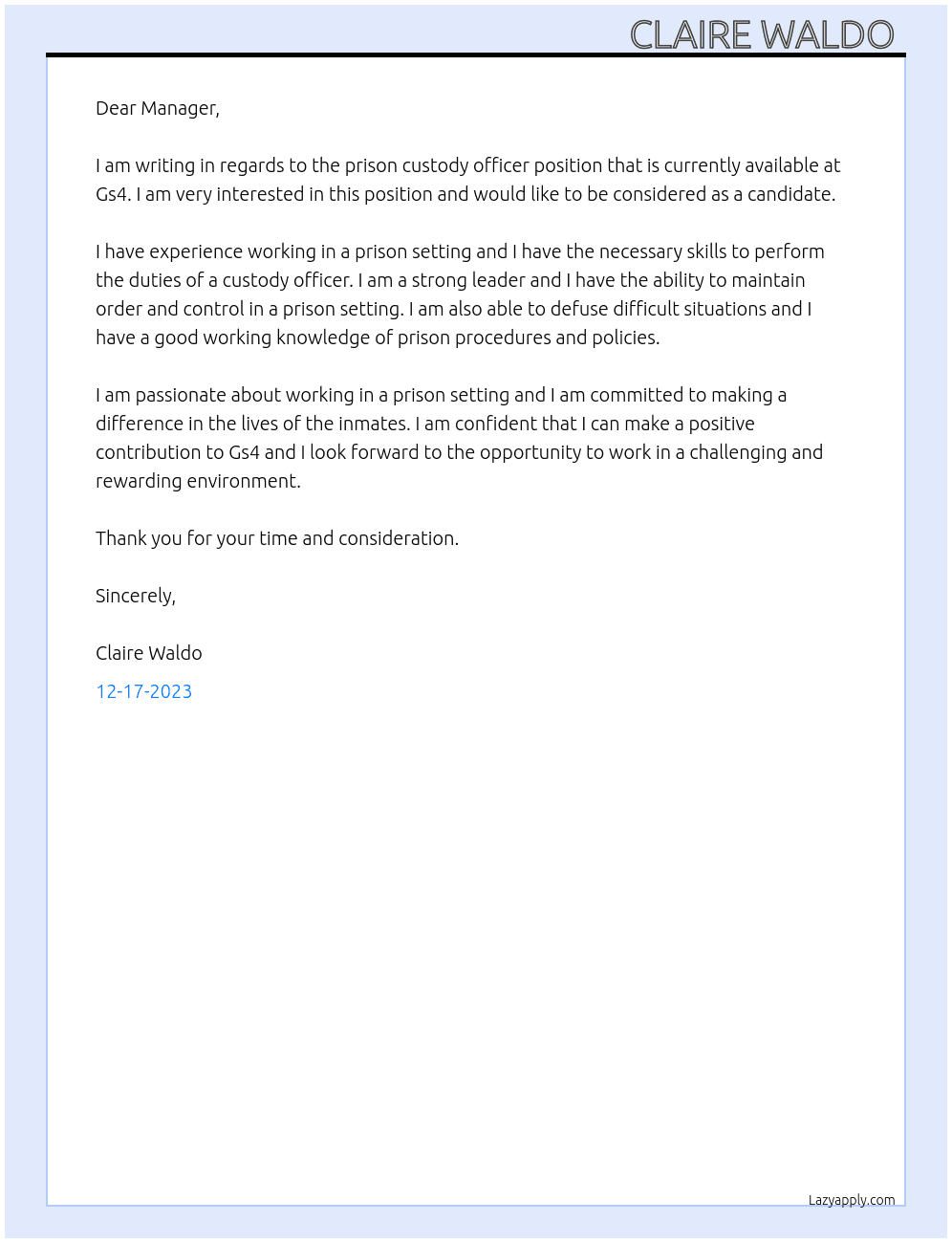 Prison, custody officer At Gs4 Cover Letter