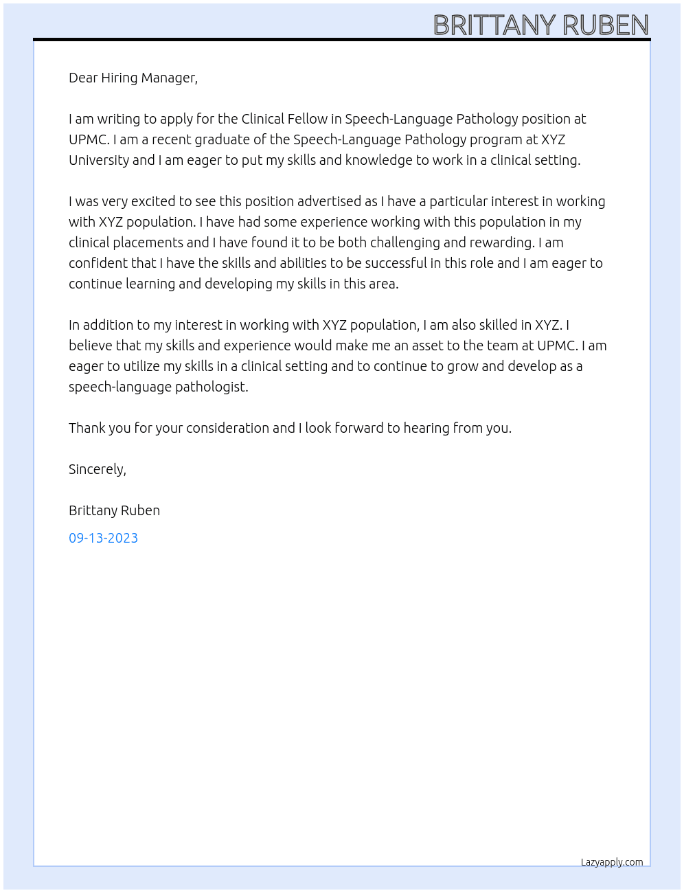 Clinical Fellow in Speech-Language Pathology At UPMC  Cover Letter