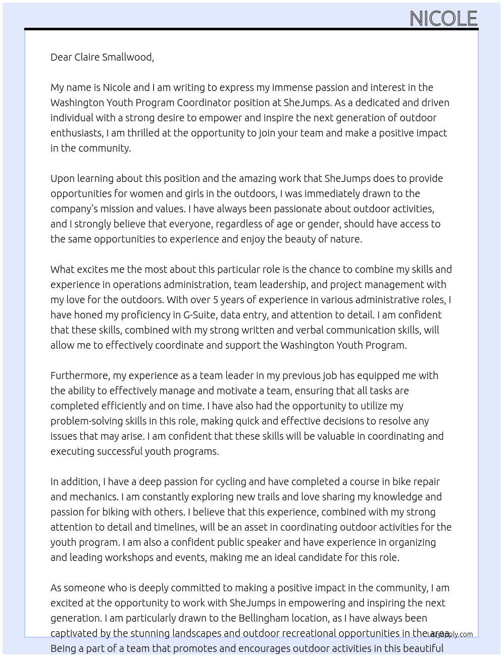 Cover letter for washington youth program coordinator - LazyApply