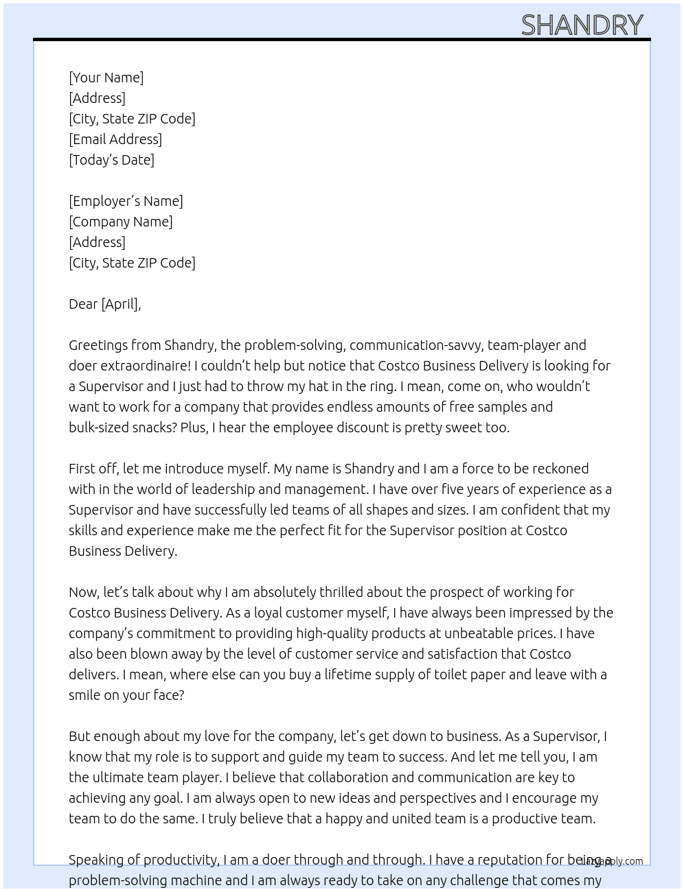 Supervisor  At Costco Business Delivery  Cover Letter
