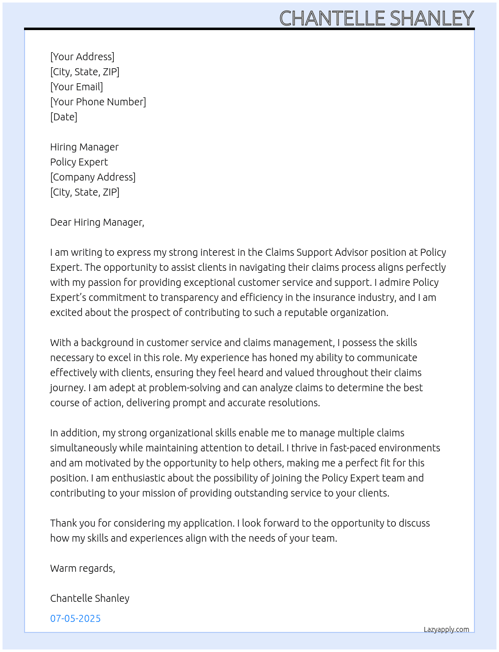 claims support advisor At Policy Expert Cover Letter