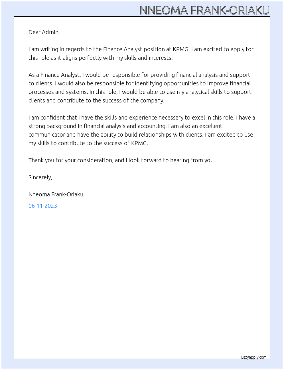 Finance Analyst At KPMG Cover Letter